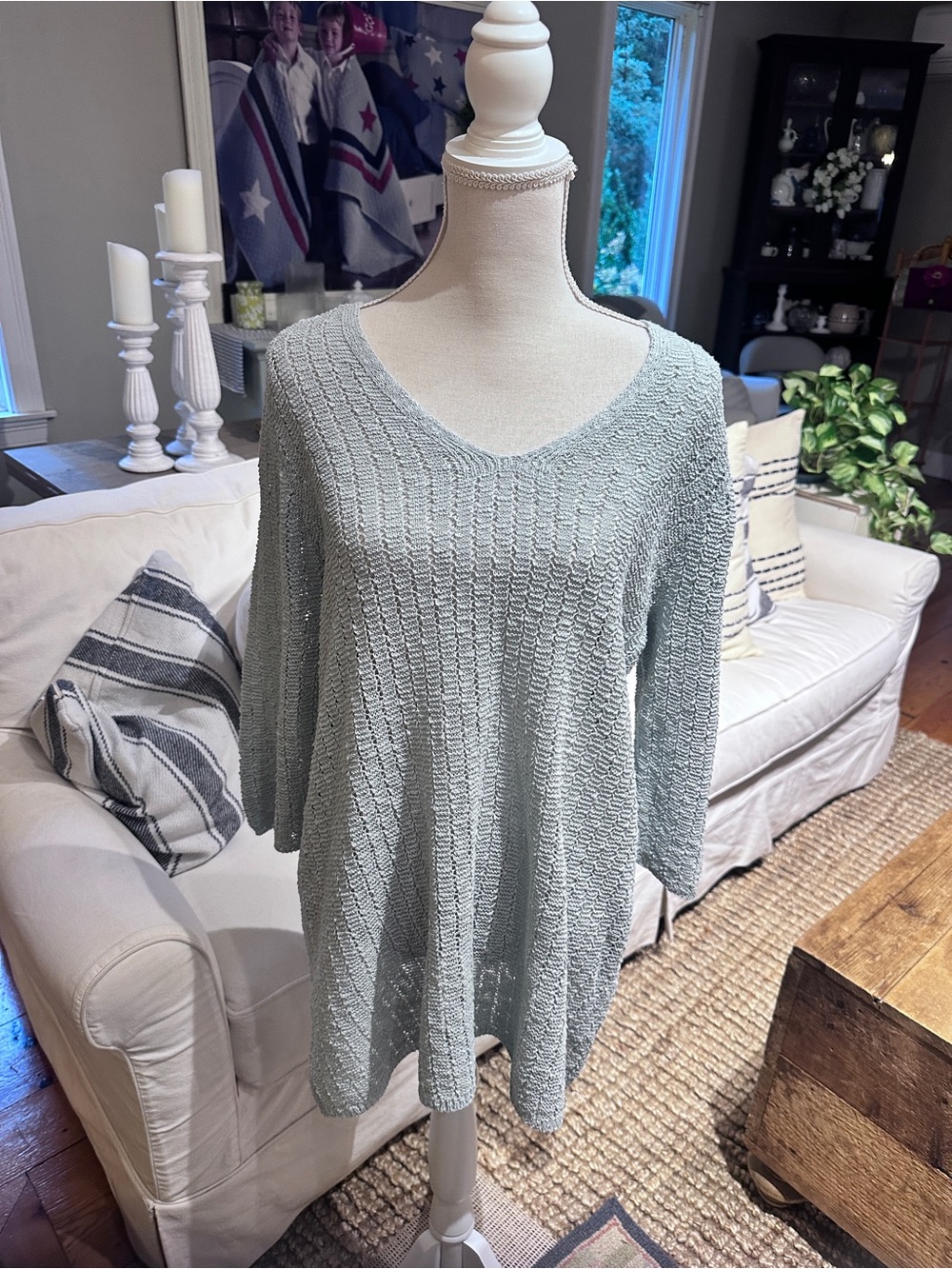 J.Jill Seafoam Open-Knit V-Neck Tunic Sweater XL Lagenloo